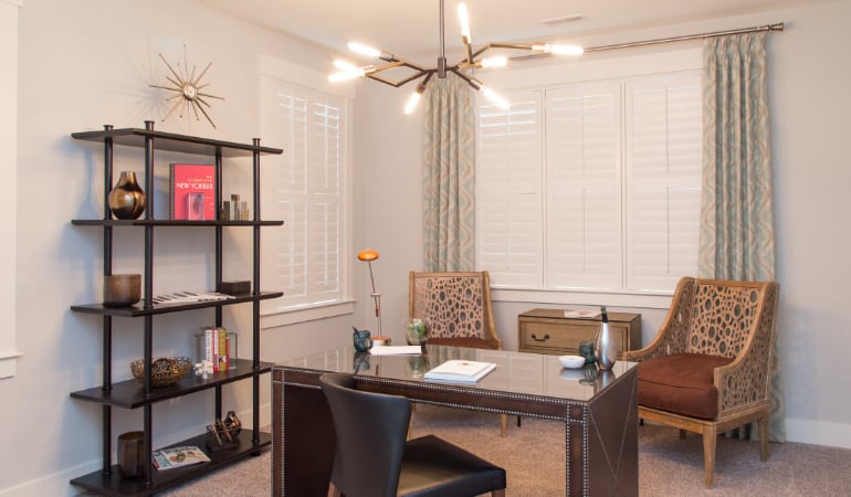 Dallas home office with plantation shutters.